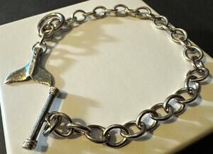 Vintage 925 Sterling Silver Whale Tail Toggle Clasp Chain Bracelet 15.6g 8.5"